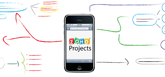 Logo de Zoho Projects en la pantalla de un movil y un esquema
