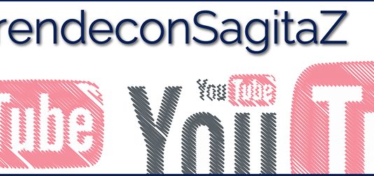 texto "Aprende con SagitaZ" sobre logo de YouTube fragmentado