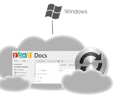 Captura de pantalla de zoho docs sobre una nube dibujada gris con logos mac windows y linux