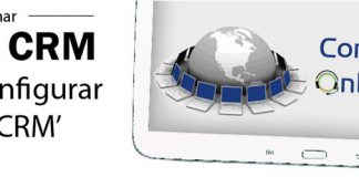 Tablet blanca con texto en pantalla "consultorias Online" y anuncio de webinar sobre zoho CRM