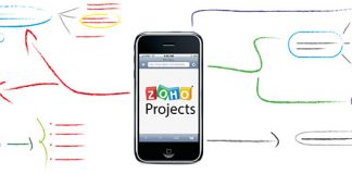 Logo de Zoho Projects en la pantalla de un movil y un esquema