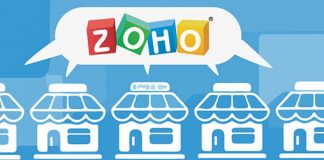 Dibujo de unas casas y un bocadillo de dialogo comun con el logo de Zoho sobre fondo azul