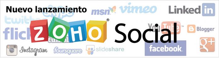 Logo de Zoho Social sobre fondo de logotipos de redes sociales
