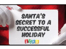 Manos de Santa Claus sujetando un cartel zoho con texto "Secret to a succesful holiday"