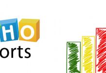 Logo de Zoho Reports en una imagen de una mano dibujando unos gráficos