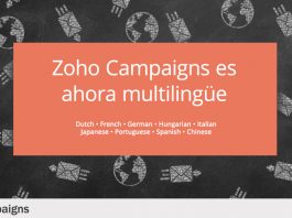 texto zoho campaings ahora es multilingüe con fondo rojo sobre dibujos de sobres y planetas