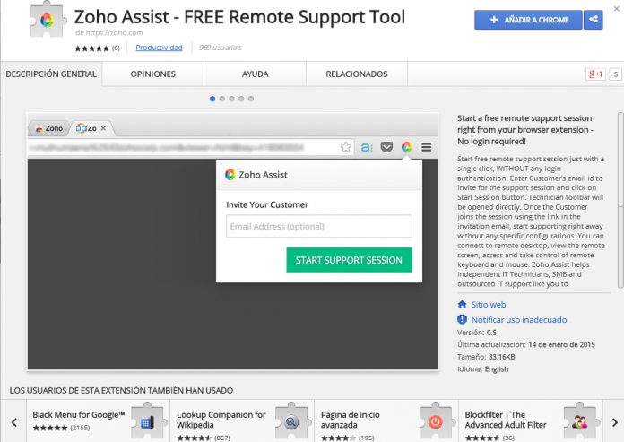 captura de pantalla de zoho assits free extension google