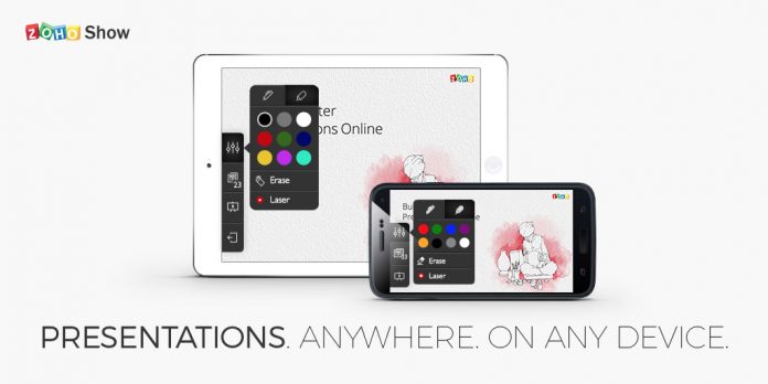 zoho show aplicacion para android en la pantalla de dos dispositivos moviles