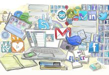 Dibujo de un ordenador portatil sobre un escritorio y muchos logos de redes sociales