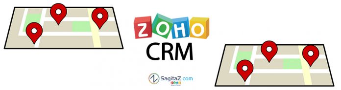 logo de Zoho CRM en medio de dos iconos de mapas sobre fondo blanco