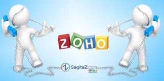 muñecos blancos sobre fondo azul y el logo de Zoho hablando por telefono