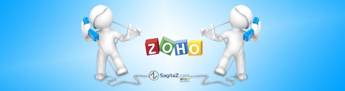 muñecos blancos sobre fondo azul y el logo de Zoho hablando por telefono