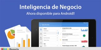 aplicacion android de zoho reports en una tablet con fondo azul y texto
