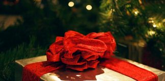regalo dorado con lazo rojo en el salon de una casa con el arbol de navidad al fondo