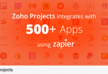 logo de Zoho Projects con imagen y texto "Zoho Projects integrstes with apps using zapier"