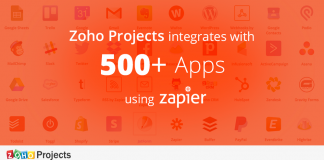 logo de Zoho Projects con imagen y texto "Zoho Projects integrstes with apps using zapier"