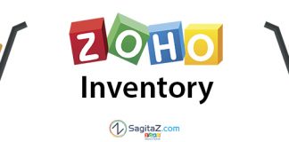 logo de Zoho Inventory en medio de dos carretillas con fondo blanco