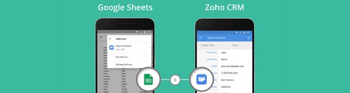 dispositivos moviles con la aplicacion de zoho crm en pantalla y google sheets mostrando la integracion