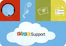Logo de Zoho support en una nube y dibujos de telefono, sobre y releoperador