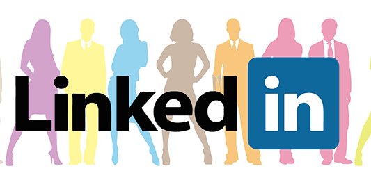 Logo de Linkedin sobre una imagen de siluetas de personal de negocios de colores