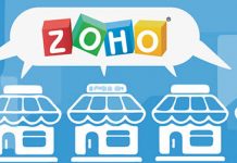 Dibujo de unas casas y un bocadillo de dialogo comun con el logo de Zoho sobre fondo azul