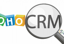 logo de Zoho CRM y una lupa