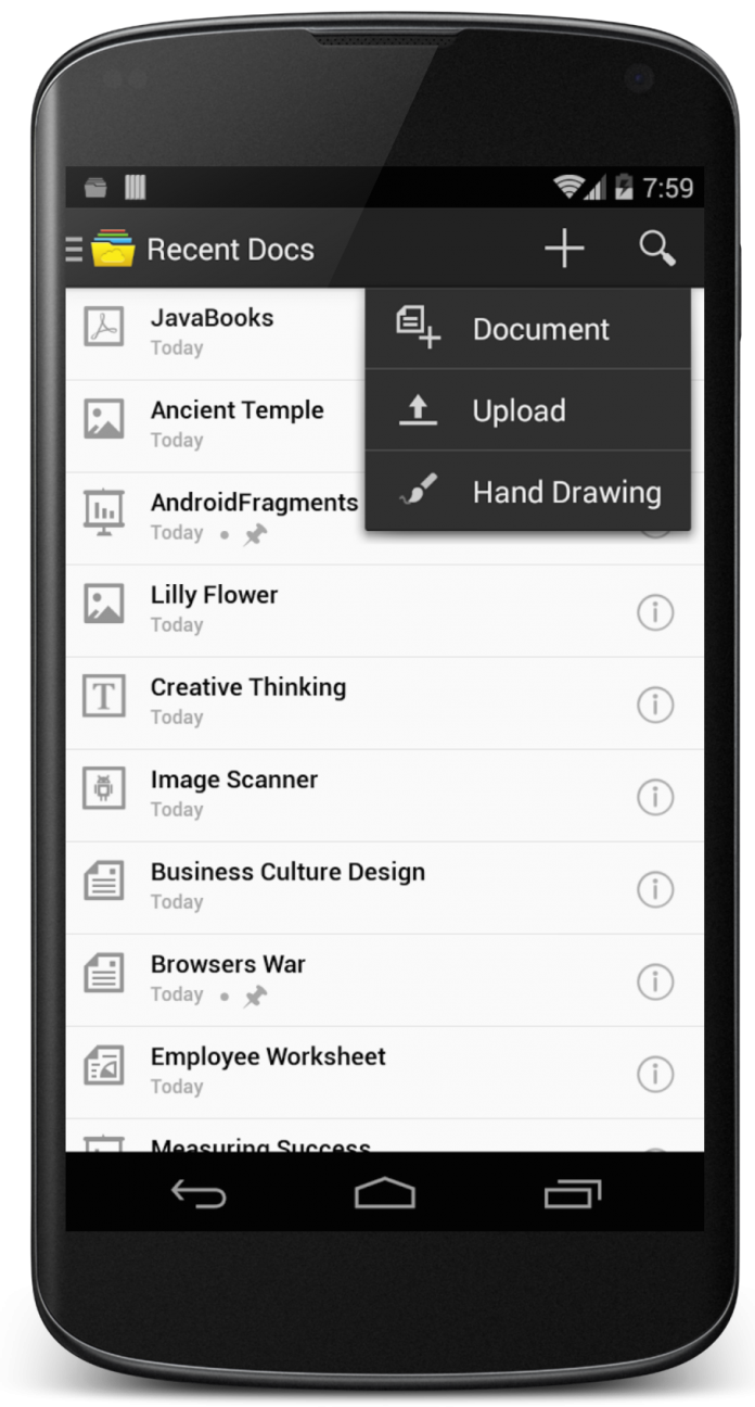 aplicacion para android de zoho docs en la pantalla de un movil negro
