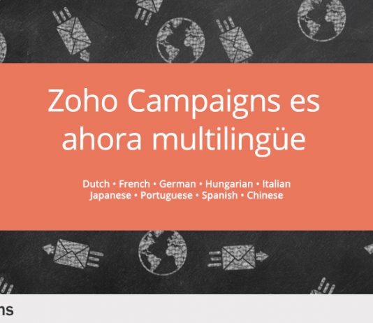 texto zoho campaings ahora es multilingüe con fondo rojo sobre dibujos de sobres y planetas