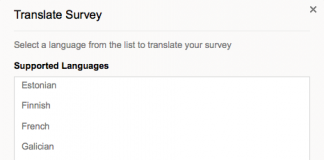 zoho survey captura de pantalla de la seleccion de idiomas