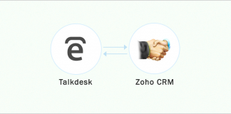 logo de talkdesk con una flecha señalando al logo de zoho crm
