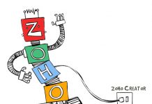 robot zoho dibujado en un fondo blanco conectado a un enchufe con texto de zoho creator