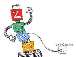 robot zoho dibujado en un fondo blanco conectado a un enchufe con texto de zoho creator