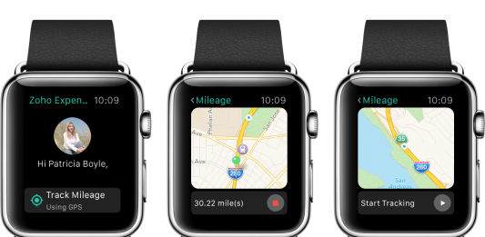 apple watch negro con la aplicacion zoho expense en pantalla