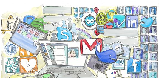 Dibujo de un ordenador portatil sobre un escritorio y muchos logos de redes sociales
