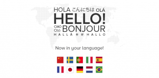 banderas de paises sobre mapa mundi punteado con la palabra "hola" en varios idiomas
