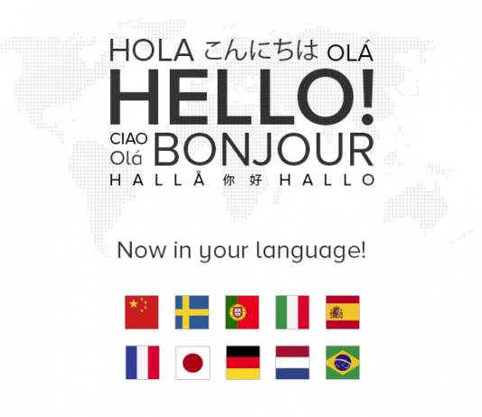 banderas de paises sobre mapa mundi punteado con la palabra "hola" en varios idiomas