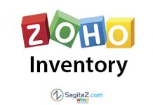 logo de Zoho Inventory en medio de dos carretillas con fondo blanco