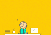 logo zoho recruit persona dibujada en un escritorio blanco y fondo amarillo pensando mirando al techo